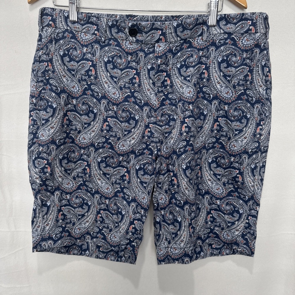 Brooks Brothers Paisley Bermuda Shorts Men's 36 Blue Linen Blend Preppy